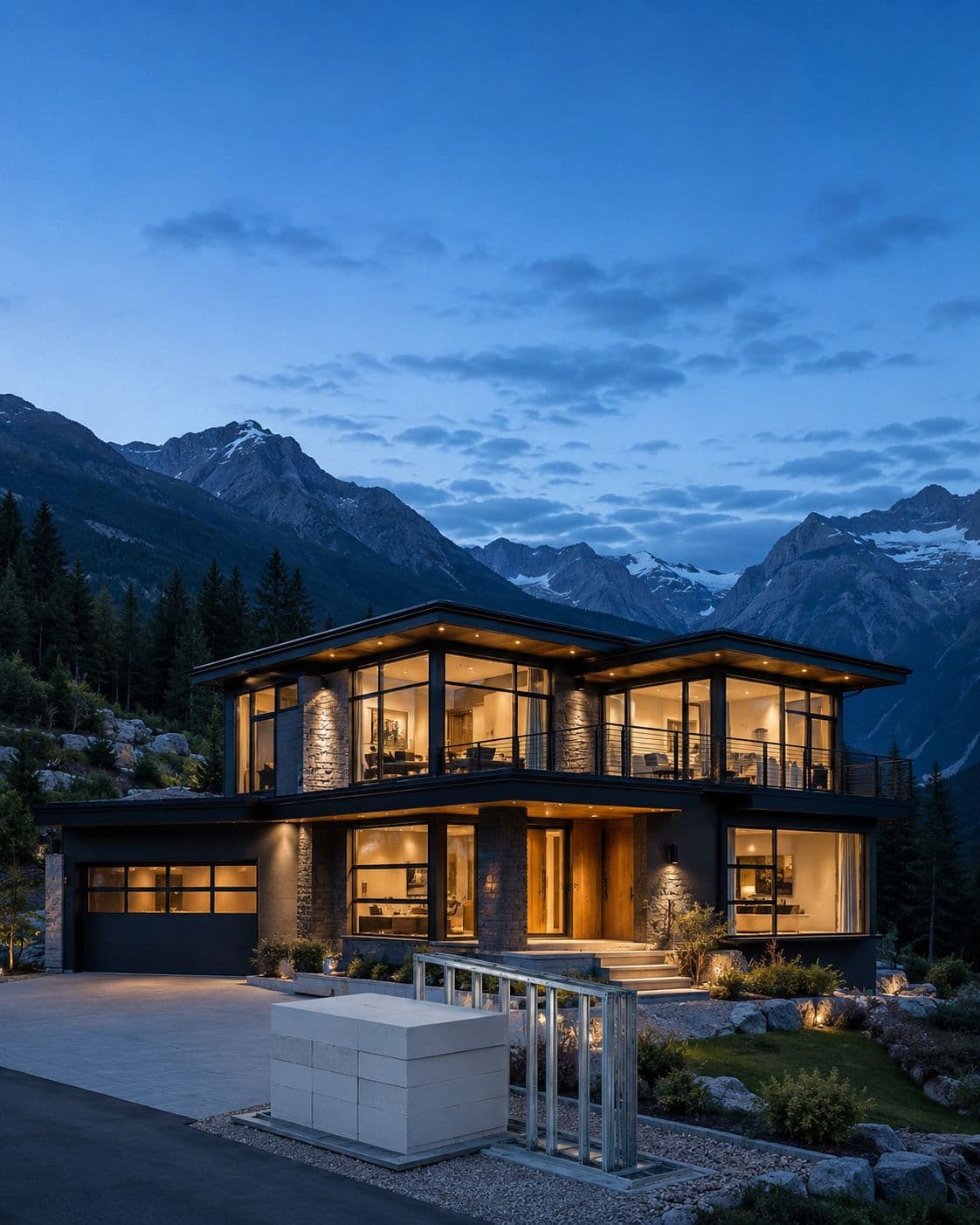 A finished Framecrete home at dusk in the mountains